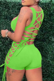 Fluorescent Green Sexy Solid Hollowed Out Square Collar Skinny Rompers
