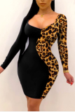 Black Casual Leopard Patchwork O Neck Dresses