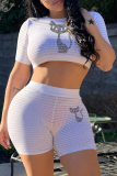 White Casual Print Hot Drill O Neck Short Sleeve Two Pieces