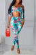 Blue Sexy Print Flounce Off the Shoulder Half Sleeve Two Pieces
