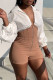 Khaki Casual Solid Patchwork Zipper V Neck Straight Rompers