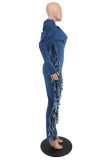 Dark Blue Fashion Casual Solid Tassel Ripped Zipper Collar Regular Jumpsuits