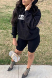 Black Fashion Casual Print Basic Hooded Collar Tops