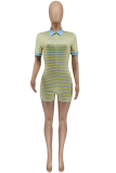 Yellow Casual Striped Patchwork Turndown Collar Skinny Rompers