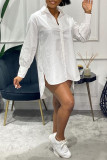 White Fashion Casual Solid Slit Turndown Collar Shirt Dress