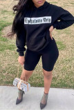Black Fashion Casual Print Basic Hooded Collar Tops