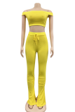 Yellow Sexy Solid Split Joint O Neck Short Sleeve Two Pieces
