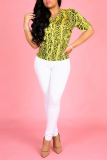 Yellow Sexy Animal Print Patchwork O Neck T-Shirts