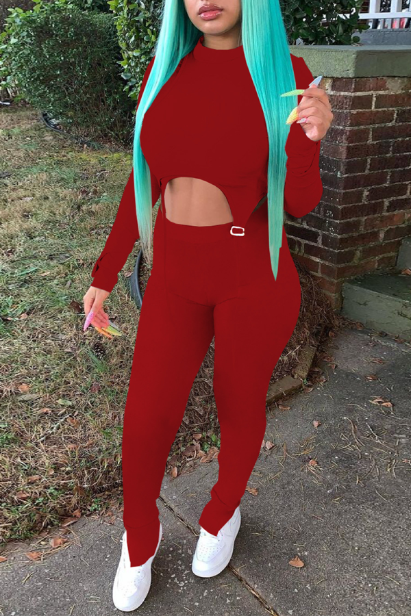 Red Sexy Solid Patchwork Half A Turtleneck Long Sleeve Two Pieces
