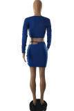 Peacock Blue Fashion Sexy Solid Hollowed Out V Neck Long Sleeve Two Pieces
