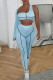 Blue Sexy Sportswear Patchwork Hollowed Out Backless Asymmetrical One Shoulder Long Sleeve Two Pieces