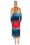 Colour Fashion Casual Plus Size Print Tie Dye Patchwork Slit Turndown Collar Shirt Dress
