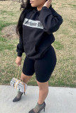 Black Fashion Casual Print Basic Hooded Collar Tops