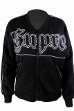 Black Fashion Casual Letter Print Cardigan Zipper Collar Outerwear