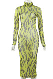 Green Sexy Print Patchwork Half A Turtleneck Long Sleeve Dresses