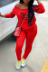 Red Casual Print Patchwork One Shoulder Long Sleeve Two Pieces