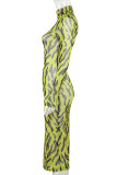 Green Sexy Print Patchwork Half A Turtleneck Long Sleeve Dresses