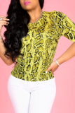 Yellow Sexy Animal Print Patchwork O Neck T-Shirts