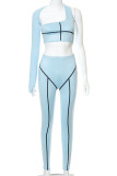 Blue Sexy Sportswear Patchwork Hollowed Out Backless Asymmetrical One Shoulder Long Sleeve Two Pieces