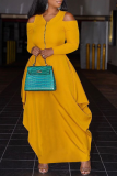 Yellow Casual Solid Flounce V Neck Cake Skirt Dresses
