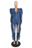 Dark Blue Fashion Casual Solid Tassel Ripped Zipper Collar Regular Jumpsuits
