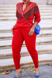 Red Casual Solid Tassel Patchwork Beading Zipper Collar Long Sleeve Two Pieces