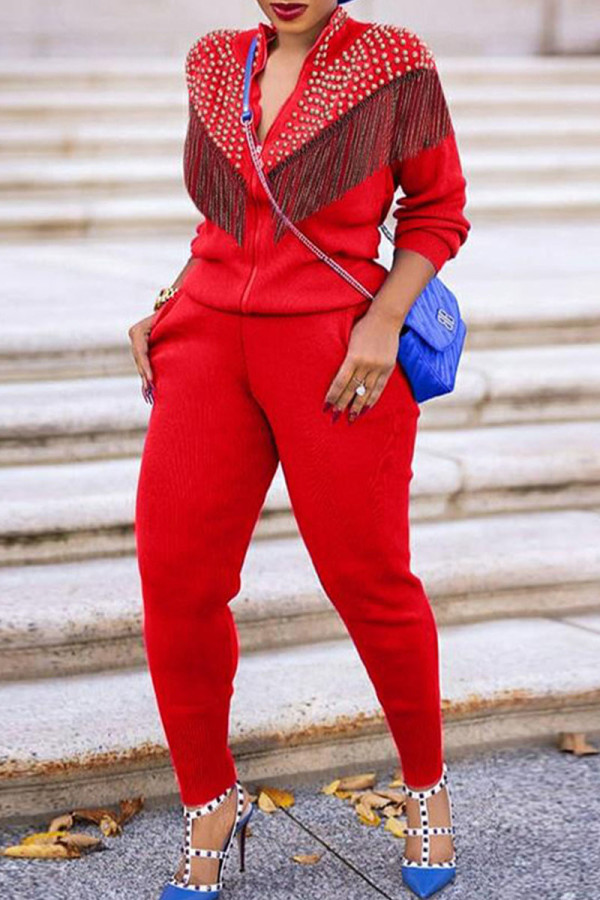 Red Casual Solid Tassel Patchwork Beading Zipper Collar Long Sleeve Two Pieces