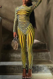 Blue Sexy Striped Print Patchwork O Neck Long Sleeve Two Pieces