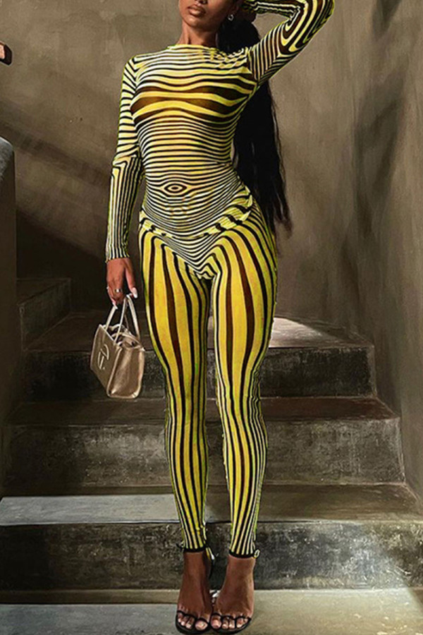 Yellow Sexy Striped Print Patchwork O Neck Long Sleeve Two Pieces