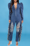 Dark Blue Fashion Casual Solid Tassel Ripped Zipper Collar Regular Jumpsuits
