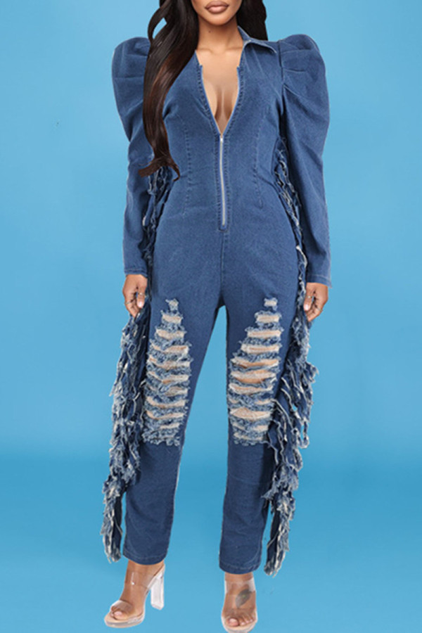 Dark Blue Fashion Casual Solid Tassel Ripped Zipper Collar Regular Jumpsuits
