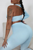 Blue Sexy Sportswear Patchwork Hollowed Out Backless Asymmetrical One Shoulder Long Sleeve Two Pieces