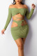 Green Sexy Solid Hollowed Out Patchwork Frenulum Off the Shoulder Long Sleeve Two Pieces