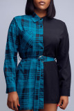 Yellow Casual Plaid Print Patchwork Buckle With Belt Turndown Collar Tops