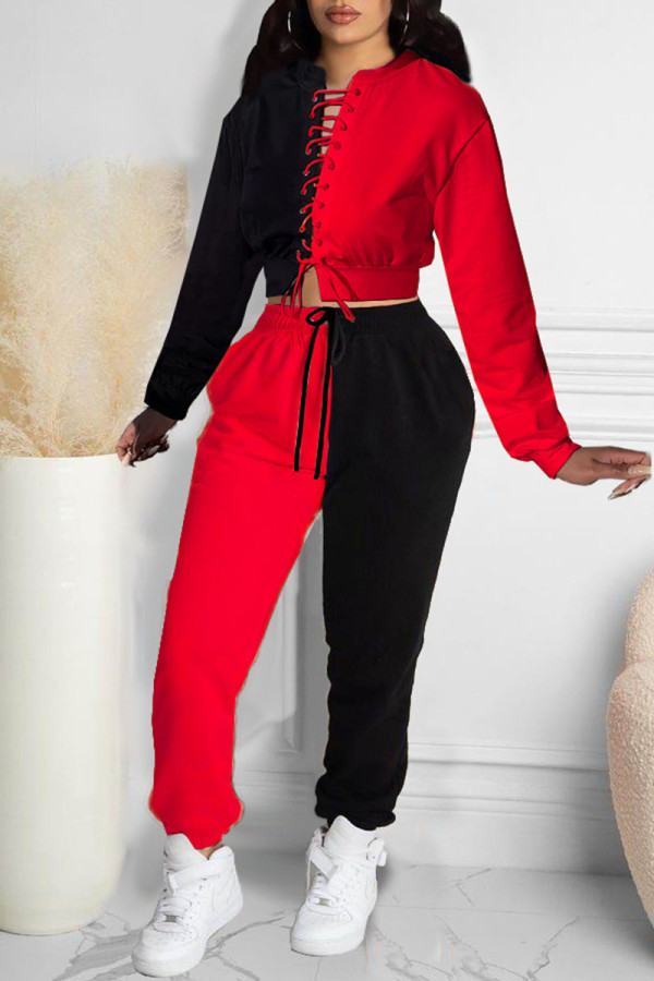 Red Casual Solid Hollowed Out Patchwork Pocket O Neck Long Sleeve Two Pieces