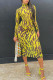 Green Sexy Print Patchwork Half A Turtleneck Long Sleeve Dresses
