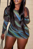 Blue Fashion Sexy Print See-through O Neck Long Sleeve Dresses