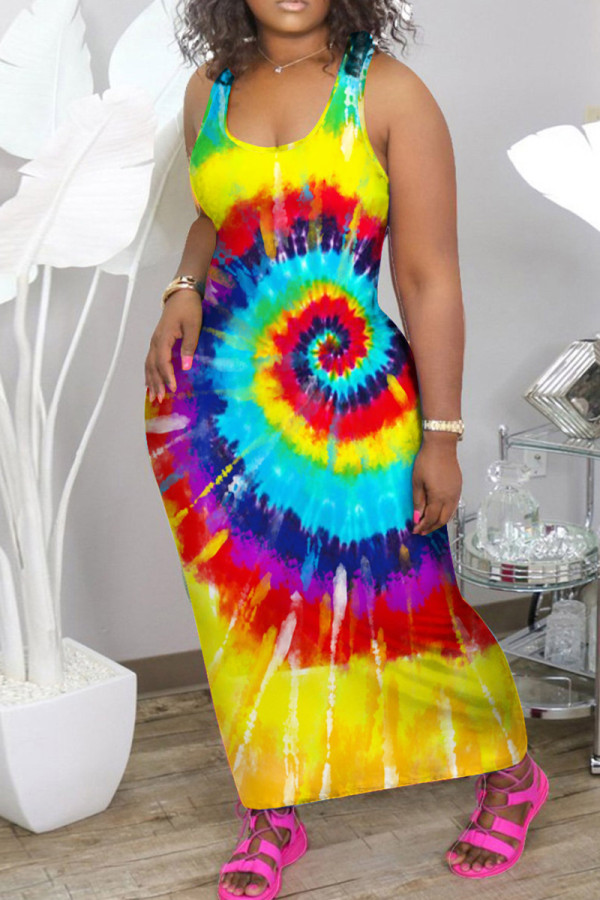 Yellow Fashion Casual Tie Dye Printing U Neck Vest Dress