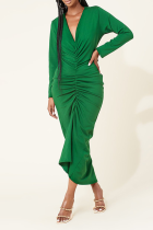 Green Sexy Solid Split Joint V Neck Pencil Skirt Dresses