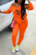 Tangerine Red Casual Print Patchwork One Shoulder Long Sleeve Two Pieces