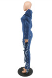 Dark Blue Fashion Casual Solid Tassel Ripped Zipper Collar Regular Jumpsuits