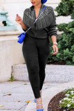 Black Casual Solid Tassel Patchwork Beading Zipper Collar Long Sleeve Two Pieces