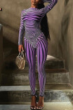 Blue Sexy Striped Print Patchwork O Neck Long Sleeve Two Pieces