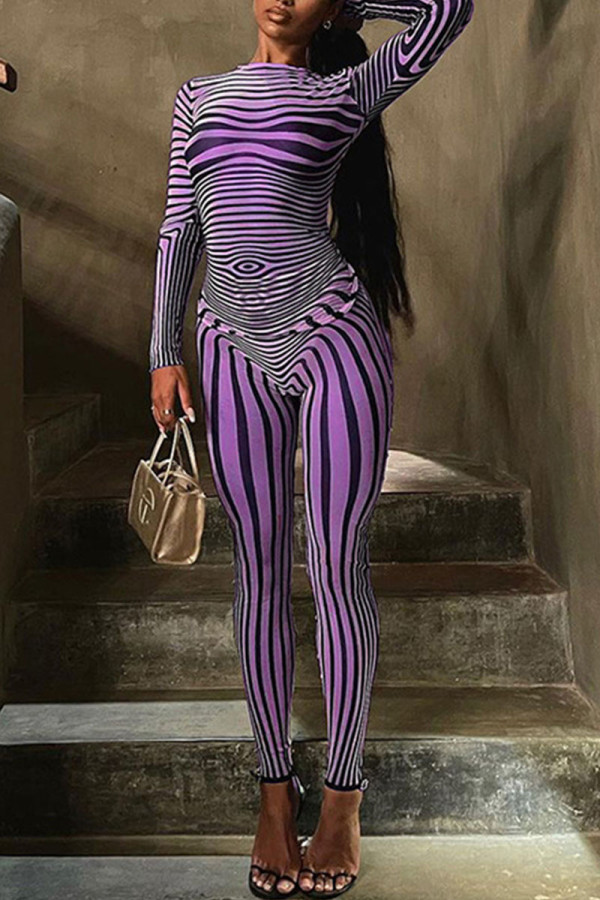 Purple Sexy Striped Print Patchwork O Neck Long Sleeve Two Pieces