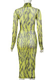 Green Sexy Print Patchwork Half A Turtleneck Long Sleeve Dresses