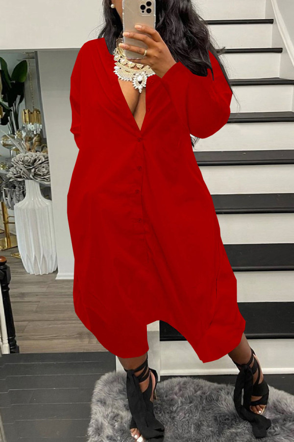 Red Casual Solid Patchwork Buckle V Neck Loose Jumpsuits
