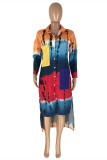 Colour Fashion Casual Plus Size Print Tie Dye Patchwork Slit Turndown Collar Shirt Dress