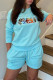 Baby Blue Fashion Casual Print Basic O Neck Long Sleeve Two Pieces