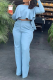 Sky Blue Casual Solid Flounce O Neck Long Sleeve Two Pieces