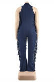 Blue Fashion Casual Solid Tassel Ripped Zipper Collar Plus Size Jumpsuits